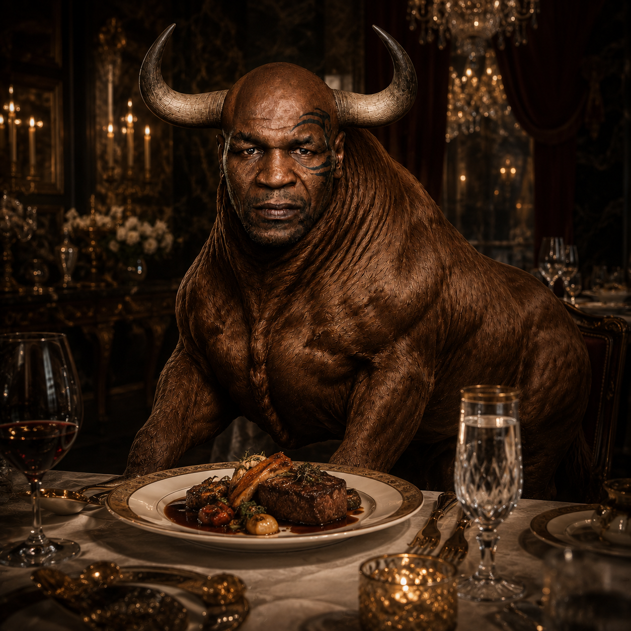 Mike Bullson seated at a candlelit dinner table with a plated steak