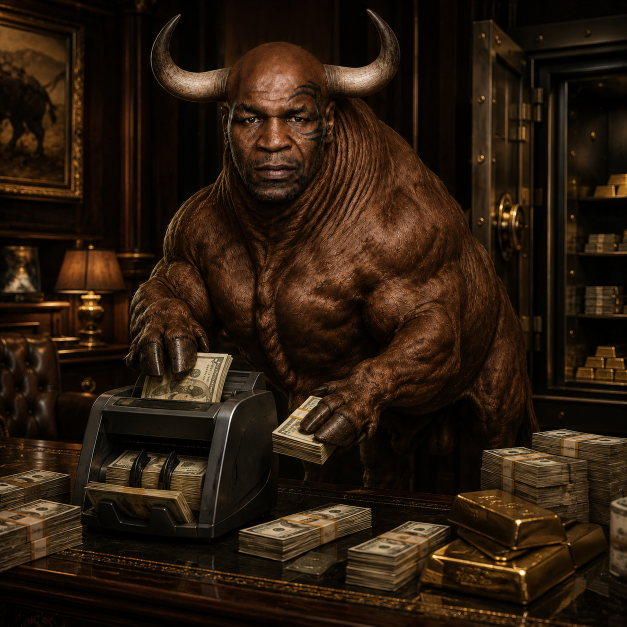 Mike Bullson counting stacks of cash in front of an open gold vault